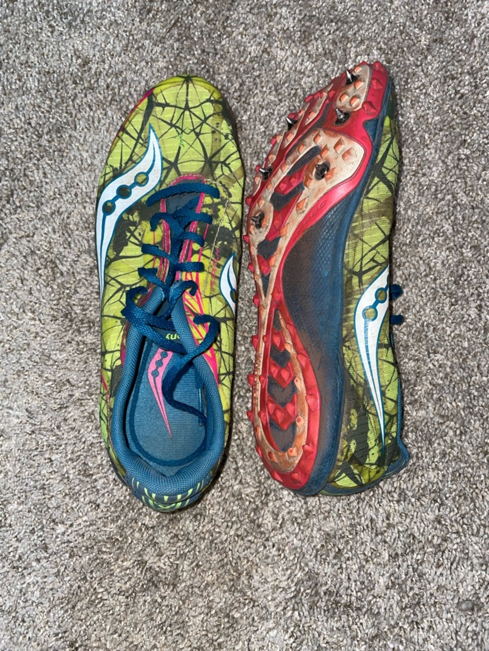 Saucony Shay XC4 Green, Blue, Pink & olive cross country Spikes women’s size 7